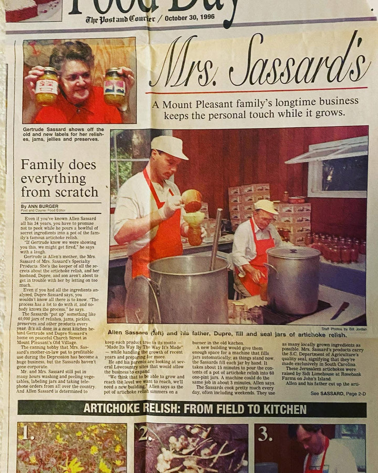 The Post and Courier, October 30, 1996. Allen (left) and his father, Dupre, fill and seal jars of artichoke relish.